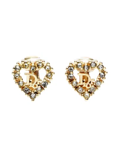 Pre-owned Dior 1980-1990 Heart Rhinestone Clip-on Earrings In Gold