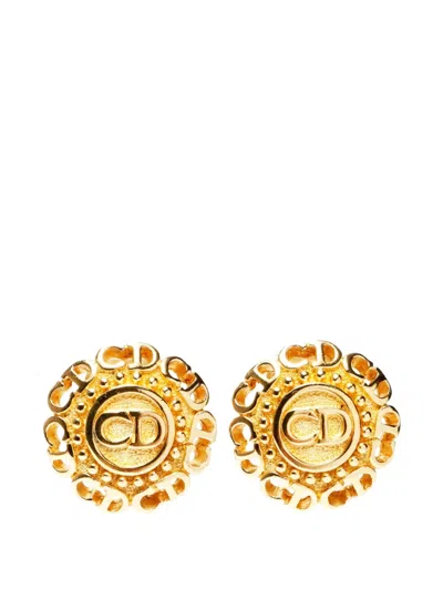 Pre-owned Dior 1980-1990 Logo Clip-on Earrings In Gold