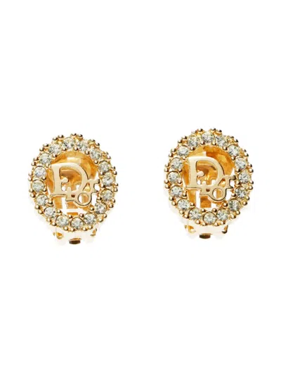 Pre-owned Dior 1980-1990 Logo Rhinestone Clip-on Earrings In Gold