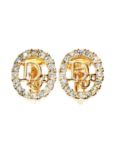 Pre-owned Dior 1980-2000s Rhinestone-embellished Logo Earrings In Gold