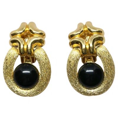 Pre-owned Dior 1980's Christian  Textured Gilt Earrings With Black Cabochons