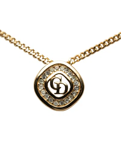 Pre-owned Dior 1980-1990 Gold Plated Crystal Cd Diamond Pendant Necklace Costume Necklace