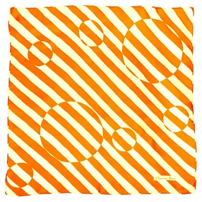 Pre-owned Dior 1980s Christian  Orange White Stripe Geometric Abstract Print Silk Scarf