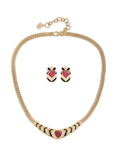 Pre-owned Dior 1980s Crystal-embelished Earrings And Necklace Set In Gold
