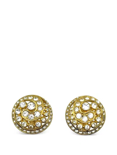 Pre-owned Dior 1980s Crystal Swirl Earrings In Gold