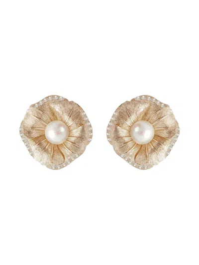 Pre-owned Dior 1980s Floral Pearl Clip-on Earrings In Gold