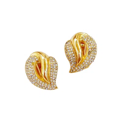 Pre-owned Dior 1980s Gilt Abstract Leaf Earrings With Crystal Rhinestone Pavé By Christian  In Sand