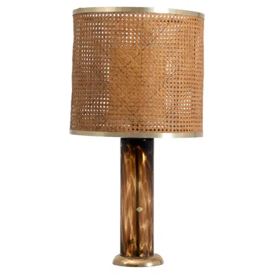 Pre-owned Dior 1980s Mid-century Modern Glass Italian Table Lamp With Vienna Straw Lampshade In Brown