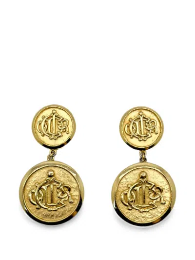 Pre-owned Dior 1980s Monogram Drop Earrings In Gold