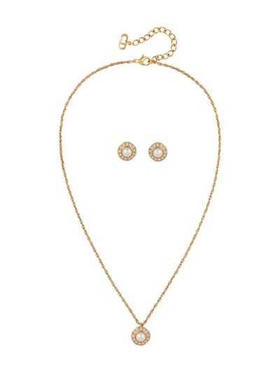 Pre-owned Dior 1980s Pearl-embellished Necklace Earring Set In Gold
