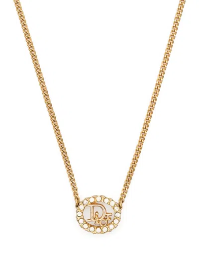 Pre-owned Dior 1980s  Rhinestone-embellished Logo Pendant Necklace In Gold
