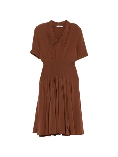 Pre-owned Dior 1980s Shirred-waist Pleated Midi Dress In Brown