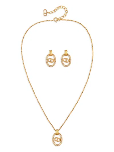 Pre-owned Dior 1980s Swarovski-crystals Clip-on Earrings And Necklace Set In Gold