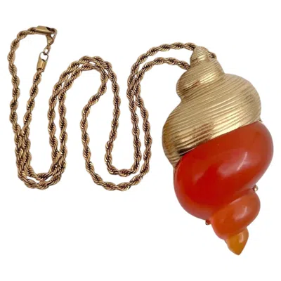 Pre-owned Dior 1980s Vintage Christian  Parfums Gold Tone Orange Shell Necklace Pin Brooch