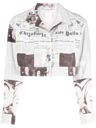 Pre-owned Dior 1990-2000s  Newspaper-print Cropped Jacket In White