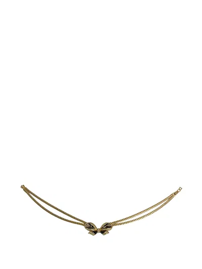 Pre-owned Dior 1990-2010 Gold Plated Rhinestone And Enamel Ribbon Motif Choker Necklace Costume Necklace In Black