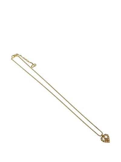 Pre-owned Dior 1990-2010 Gold Plated Rhinestone Logo Heart Pendant Necklace Costume Necklace