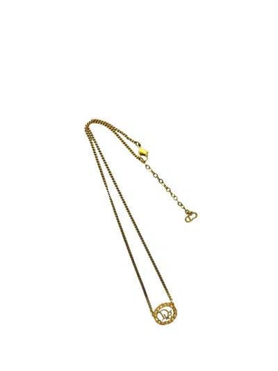 Pre-owned Dior 1990-2010 Gold Plated Rhinestone Logo Oval Pendant Necklace Costume Necklace In Yellow