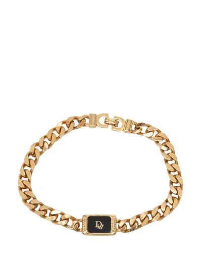 Pre-owned Dior 1990-2020 Gold Plated Enamel Logo Plaque Chain Bracelet Costume Bracelet