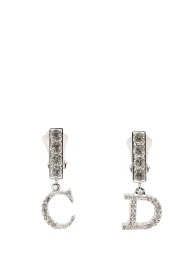 Pre-owned Dior 1990-2000 Brass Cd Logo And Strass Drop Clip On Earrings Costume Earrings In Silver