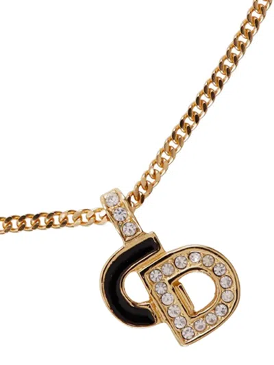 Pre-owned Dior 1990-2000 Gold Plated Rhinestone Cd Logo Pendant Necklace Costume Necklace In Black
