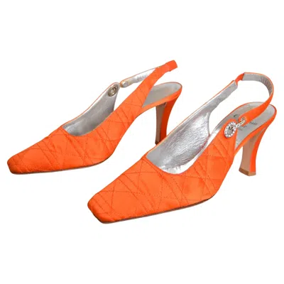 Pre-owned Dior 1990s Christian  Tangerine Satin Jewel Tone Orange Cannage Sling Back