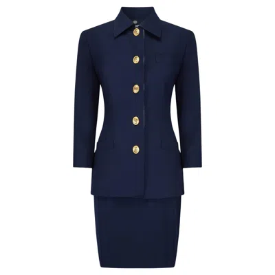 Pre-owned Dior 1990s Christian  Three Piece Navy Skirt Suit With Polka-dot Blouse In Blue
