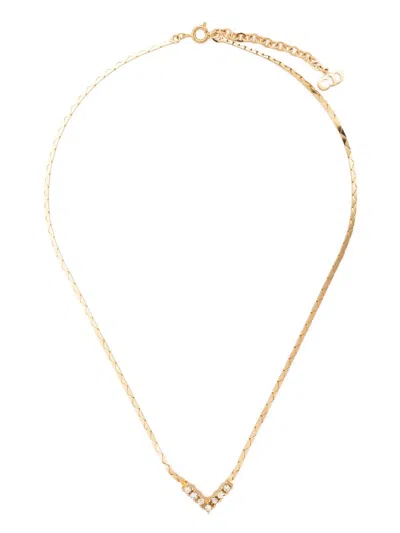 Pre-owned Dior 1990s Rhinestone-embellished V-detail Necklace In Gold