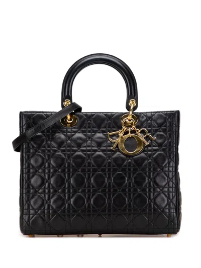 Pre-owned Dior 1997 Large Lambskin Cannage Lady  Satchel In Black