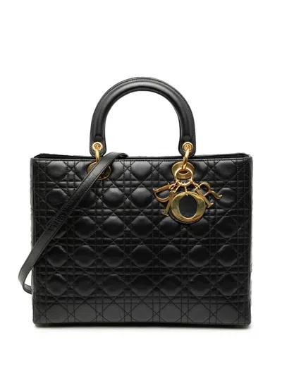 Pre-owned Dior 1997 Large Lambskin Cannage Lady  Satchel In Black