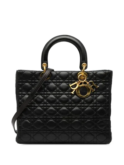 Pre-owned Dior 1997 Large Lambskin Cannage Lady  Satchel In Black