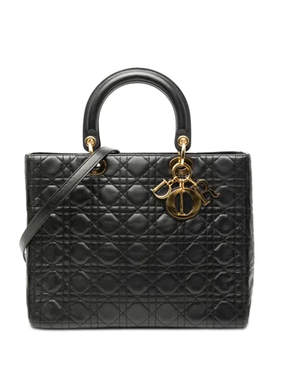 Pre-owned Dior 1997 Large Lambskin Cannage Lady  Satchel In Black