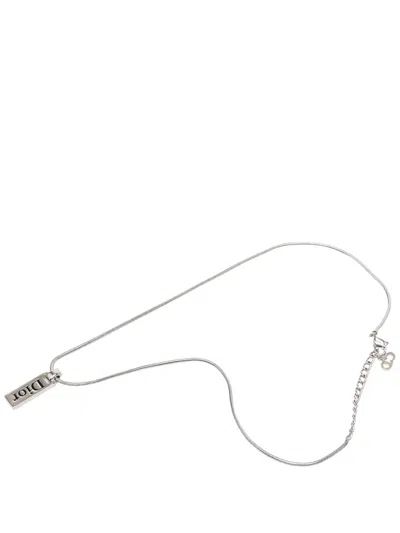 Pre-owned Dior 1998-2004 Palladium Plated Enamel Logo Plaque Pendant Necklace Costume Necklace In Silver