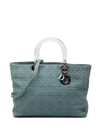Pre-owned Dior 1999 Large Denim Cannage Acrylic Handles Lady  Satchel In Blue