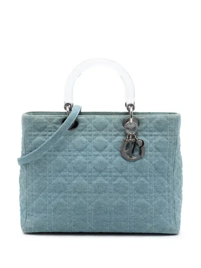 Pre-owned Dior 1999 Large Denim Cannage Acrylic Handles Lady  Satchel In Blue
