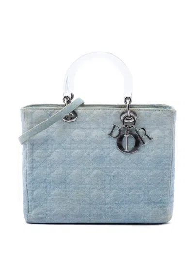 Pre-owned Dior 1999 Large Denim Cannage Acrylic Handles Lady  Satchel In Blue