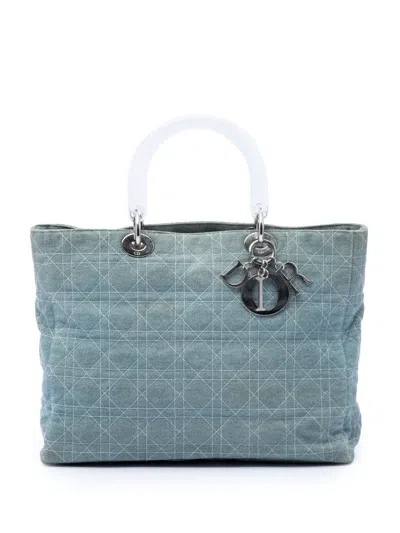 Pre-owned Dior 1999 Large Denim Cannage Acrylic Handles Lady  Satchel In Blue