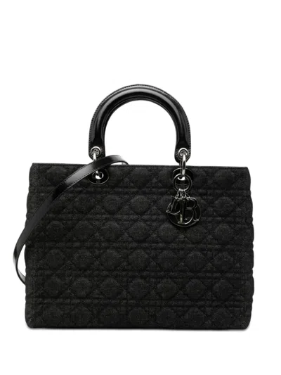 Pre-owned Dior 1999 Large Denim Cannage Lady  Satchel In Black