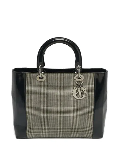 Pre-owned Dior 1999 Large Lady  Houndstooth-canvas Tote Bag In Black