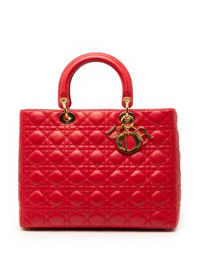 Pre-owned Dior 1999 Large Lambskin Cannage Lady  Satchel In Red