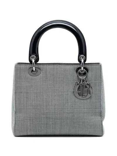 Pre-owned Dior 1999 Medium Canvas Houndstooth Lady  Satchel In Gray