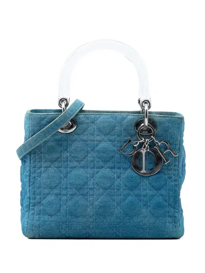Pre-owned Dior 1999 Medium Denim Cannage Acrylic Handles Lady  Satchel In Blue