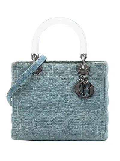 Pre-owned Dior 1999 Medium Denim Cannage Acrylic Handles Lady  Satchel In Blue