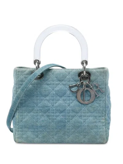 Pre-owned Dior 1999 Medium Denim Cannage Acrylic Handles Lady  Satchel In Blue