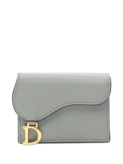 Pre-owned Dior 2000-2025 Grained Calfskin Saddle Trifold Wallet Small Wallets In Gray