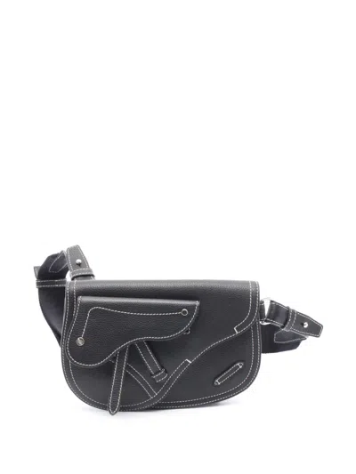 Pre-owned Dior 2000-2025 Kaws Grained Calfskin Saddle Pouch Crossbody Bag In Black