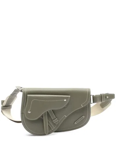 Pre-owned Dior 2000-2025 Kaws Grained Calfskin Saddle Pouch Crossbody Bag In Brown