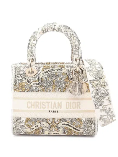 Pre-owned Dior 2000-2025 Medium Embroidered Canvas Around The World Stella Lady D-lite Satchel In White