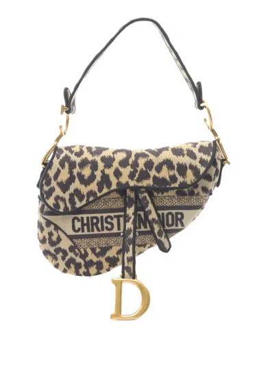 Pre-owned Dior 2000-2025 Mizza Canvas Embroidered Leopard Saddle Bag Shoulder Bag In Brown