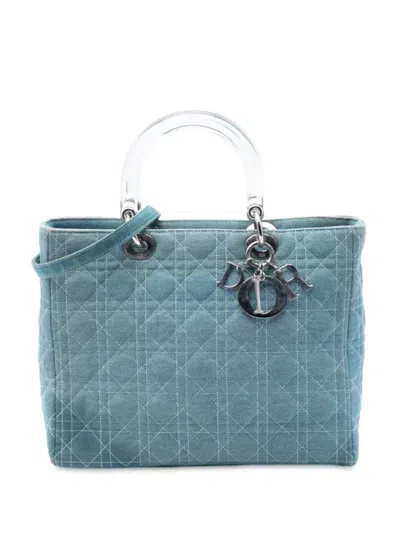 Pre-owned Dior 2000 Large Denim Cannage Acrylic Handles Lady  Satchel In Blue